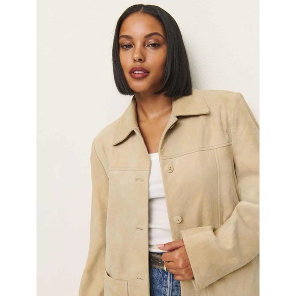 NWT Reformation Veda Lincoln Suede Shirt Jacket in Oat Distressed Tan Small - Picture 15 of 16
